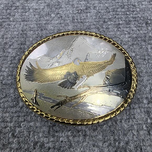 Bald Eagle Mountain Scene Belt Buckle Made in USA Western Gold Trim Wildlife VTG - Picture 1 of 10